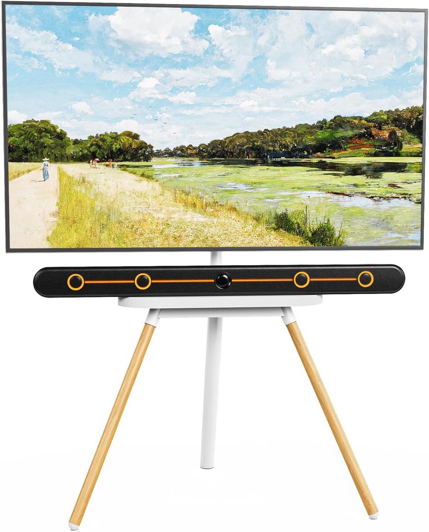 PUTORSEN Easel TV-Stand for 43-65-Inch Screens - Portable Swivel Tripod TV Stand with Wooden Tray, Height Adjustable TV Floor Stand, Max Load 77 lbs, Max VESA 400x400 mm, White