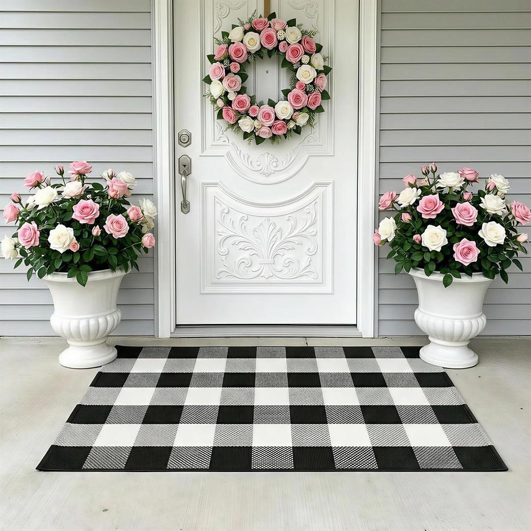 Buffalo Plaid Outdoor Rug 27.5" x 43" Black and White Checkered Area Rug Washable Doormats Indoor Outdoor Rugs for Layered Front Door Mats, Porch, Entryway, Kitchen, Farmhouse