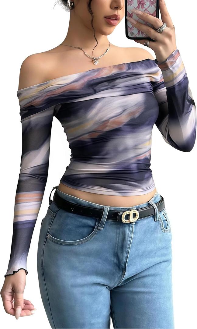 YOINS Women Off Shoulder Mesh Long Sleeve Tops Sexy Sheer See Through Shirts (S)