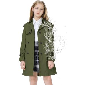 Betusline Girls Trench Coat Double Breasted Classic Lapel Belted Windproof Overcoat Outwear, 2# Army Green,11-12 Years