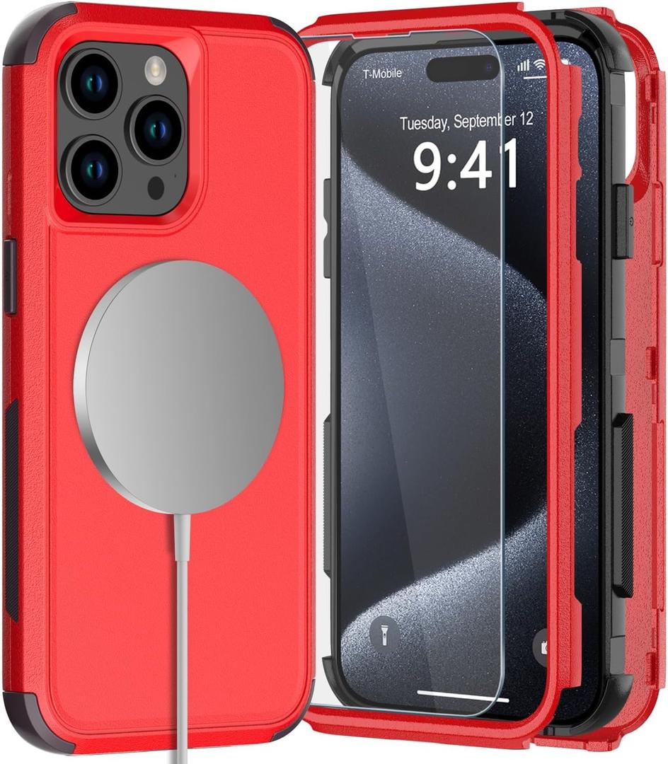 Diverbox for iPhone 15 Pro Phone Case,iPhone 15 Pro Magnetic Case [with Tempered Glass Screen Protector] Heavy Duty Phone Case for iPhone 15 Pro Case (RED)