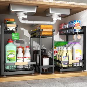 Sevenblue 3 Pack Under Sink Organizer, Height Adjustable 2 Tier Pull-Out Metal Under Kitchen Sink Organizer, Multi-Purpose Storage Shelves for Kitchen Bathroom Cabinet