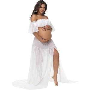 Maternity 2 Piece Outfits Dress Tube Top Ruffle Sleeves Split Skirt for Photoshoot Baby Shower (White)