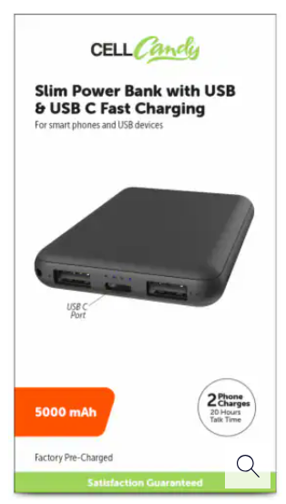 CELLcandy USB & USB C Fast Charging Slim Power Bank  5000