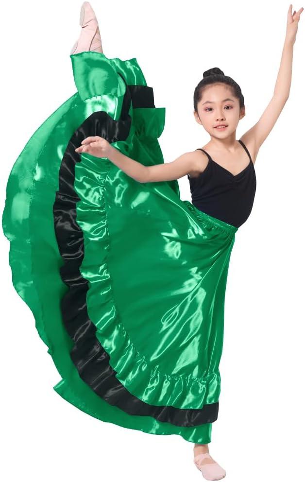Girls Black Red Ruffles Layers Satin Long Skirt for Spanish Flamenco Belly Dance Gypsy Folklorico (5-7 Years, Green)