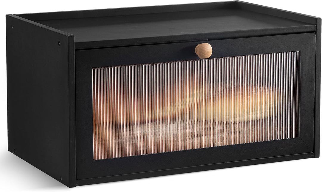 Farmhouse Bread Box for Kitchen Countertop, Modern Bamboo Large Capacity Bread Storage Container, Breadbox Organizer with Window for Kitchen Counter, Cabinet and Pantry (Black, Rectangular)