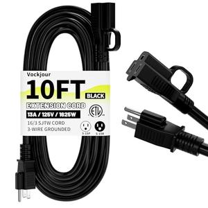 16/3 Black Indoor Outdoor Extension Cord 10 Ft Waterproof, Extension Cord with 3 Prong Grounded Plug,13A 1625W 16AWG SJTW, Flexible Weatherproof Power Cable for Offices, Gardens and Lawns