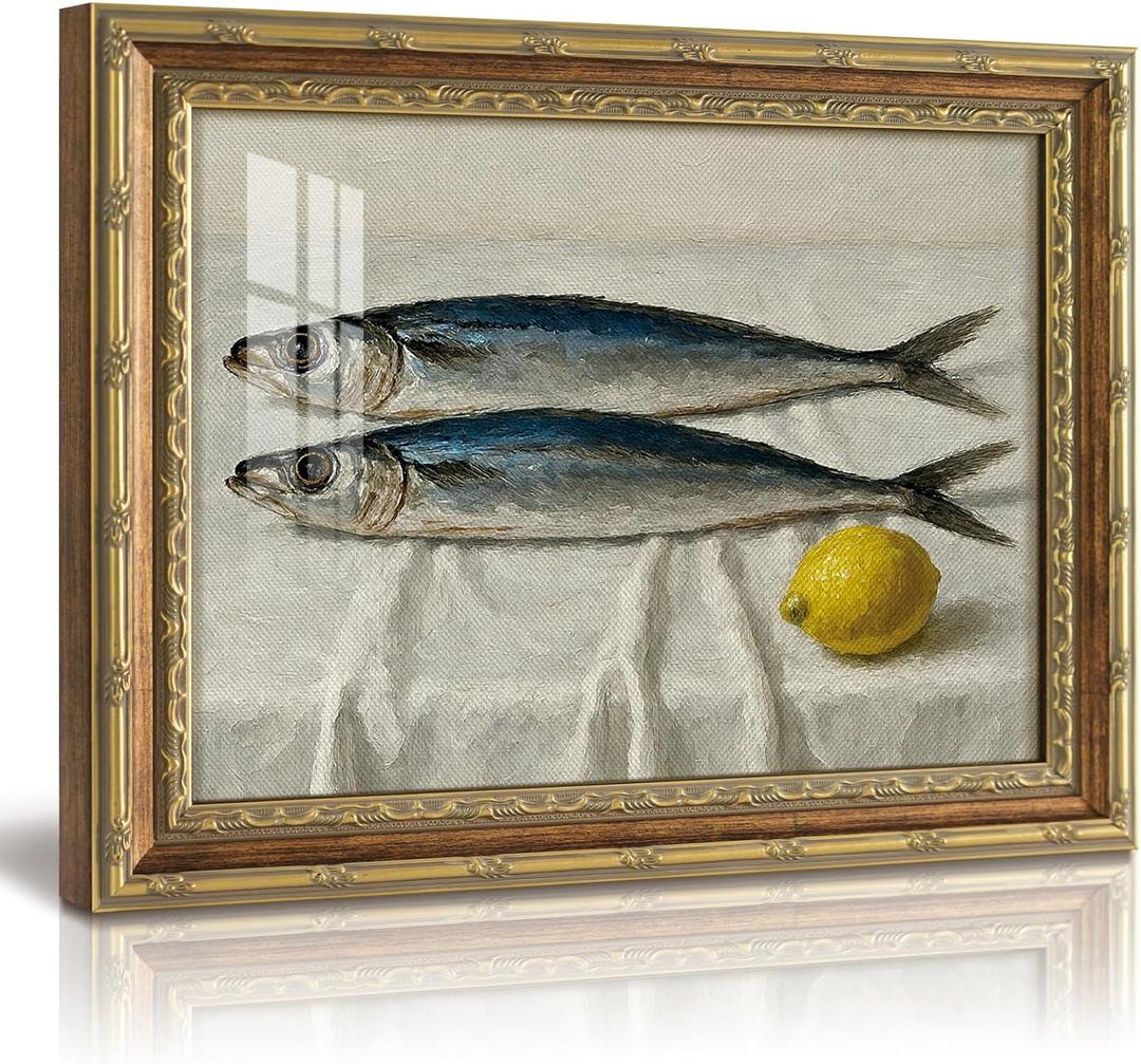 VIYYIEA 13x16 Inch Glass Gold Framed Wall Art, Vintage Sardine Fish Lemon Still Life Oil Painting, Impressionist Canvas Print, Home Decor for Kitchen, Dining Room