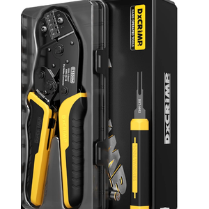 Professional ratcheting crimping tool with ergonomic non-slip handles, designed for precise and secure crimping. Includes a plastic storage case for easy organization and transport. Compatible con JST, KF2510, AMP, Dupont, RC Servos y Futaba.