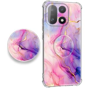 EMUYGIU for oneplus 15 Case 5G [Buffertech Military-Grade Drop Protection] [Anti Peel Off Tech] Clear TPU Marble and Flowers Bumper Phone Case Cover Design (Pink Gold with Holder)