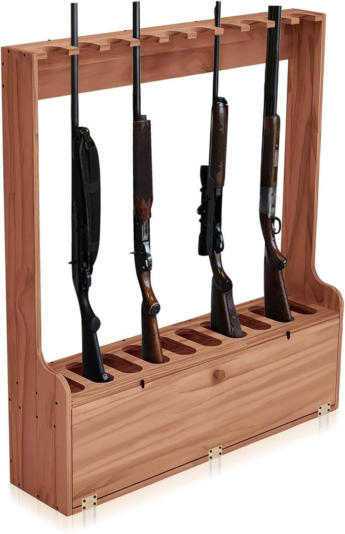 Soaoo Gun Racks Holds 10 Long Guns Wooden Rifle Rack Floor Stand Rifle Racks Display Holder Stand with Storage for Firearms Display Storage Home Accessories Office (Walnut)