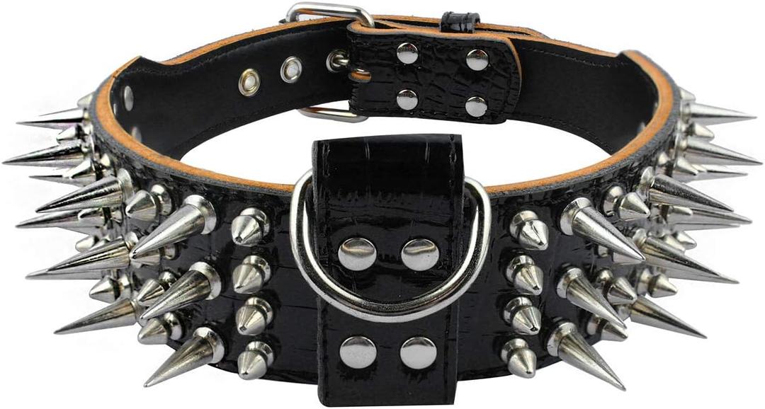PET ARTIST 2" Wide Luxury Sharp Spiked Dog Collar, Durable Anti-Biting Leather Dog Collar for Medium & Large Dogs, Black, L, Neck for 19-22"