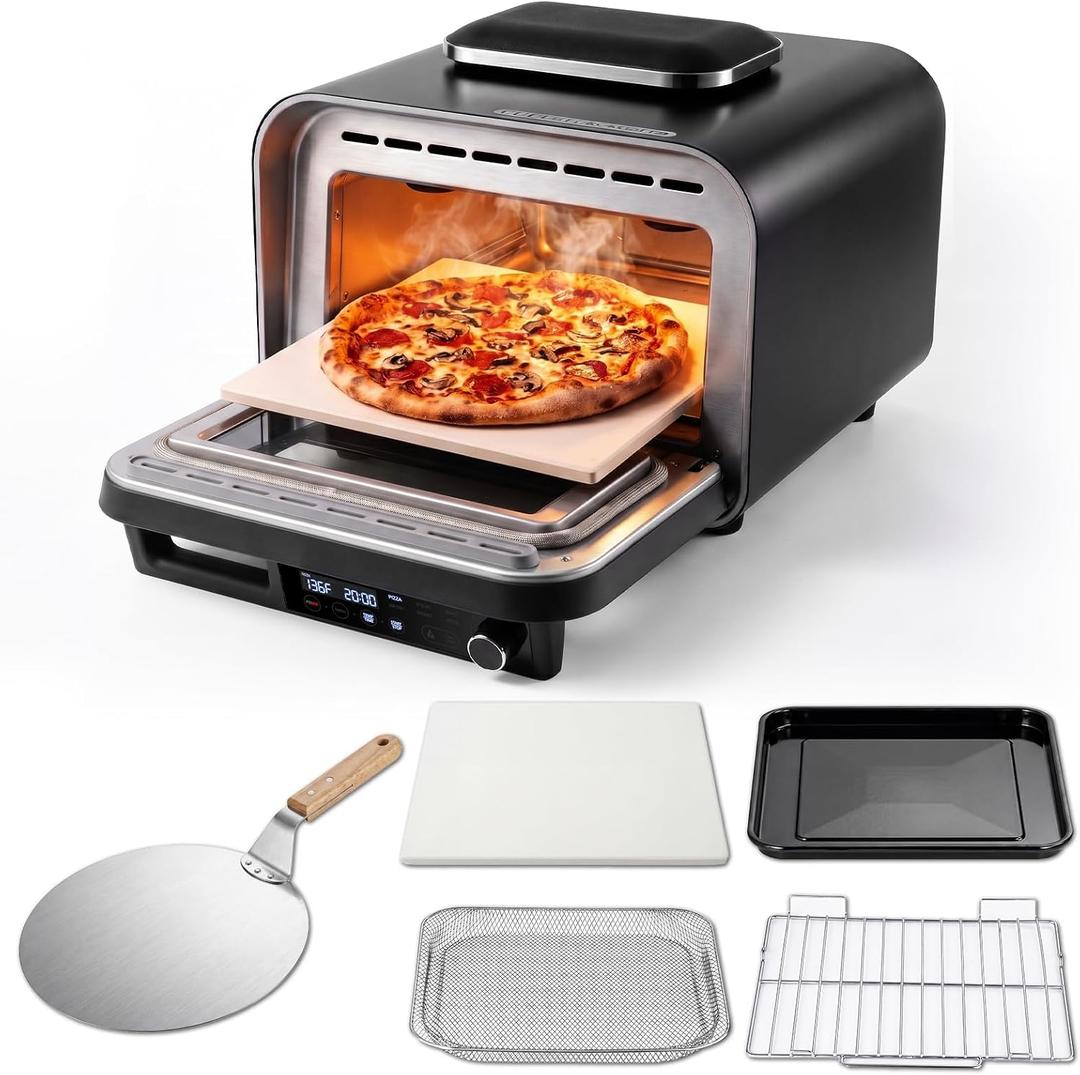 KINGWISE Convection Pizza Oven Electric, IPX4 Waterproof Countertop Air Fryer Oven, Fits 13-Inch Pizza, Heats up to 750, 6 Cooking Functions and 5 Pizza Presets, Pizza Stone & Pizza Peel Included