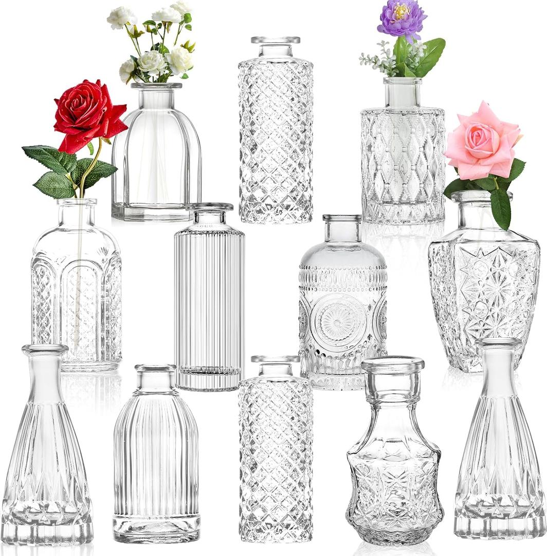 Glass Bud Vase Set of 12,Small Mini Clear Bud Vases in Bulk,Vintage Bud Vase,Glass Bottles Vase for Home Decor, Wedding Centerpieces Table Decor,Floral Arrangements,Dinning