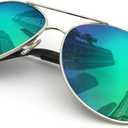 J+S Premium Military Style Classic Aviator Sunglasses, Polarized, 100% UV protection for Men Women (Silver Frame/Green Mirror Lens)