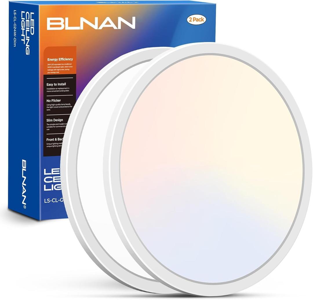 BLNAN LED Flush Mount Ceiling Light, 12 Inch 24W 3000K/4000K/5000K Hardwire Light Fixture, Ultra Thin Round White Lamp for Kitchen Porch Bedroom Hallway Stairwell Basement, Non-dimmable 2 Pack
