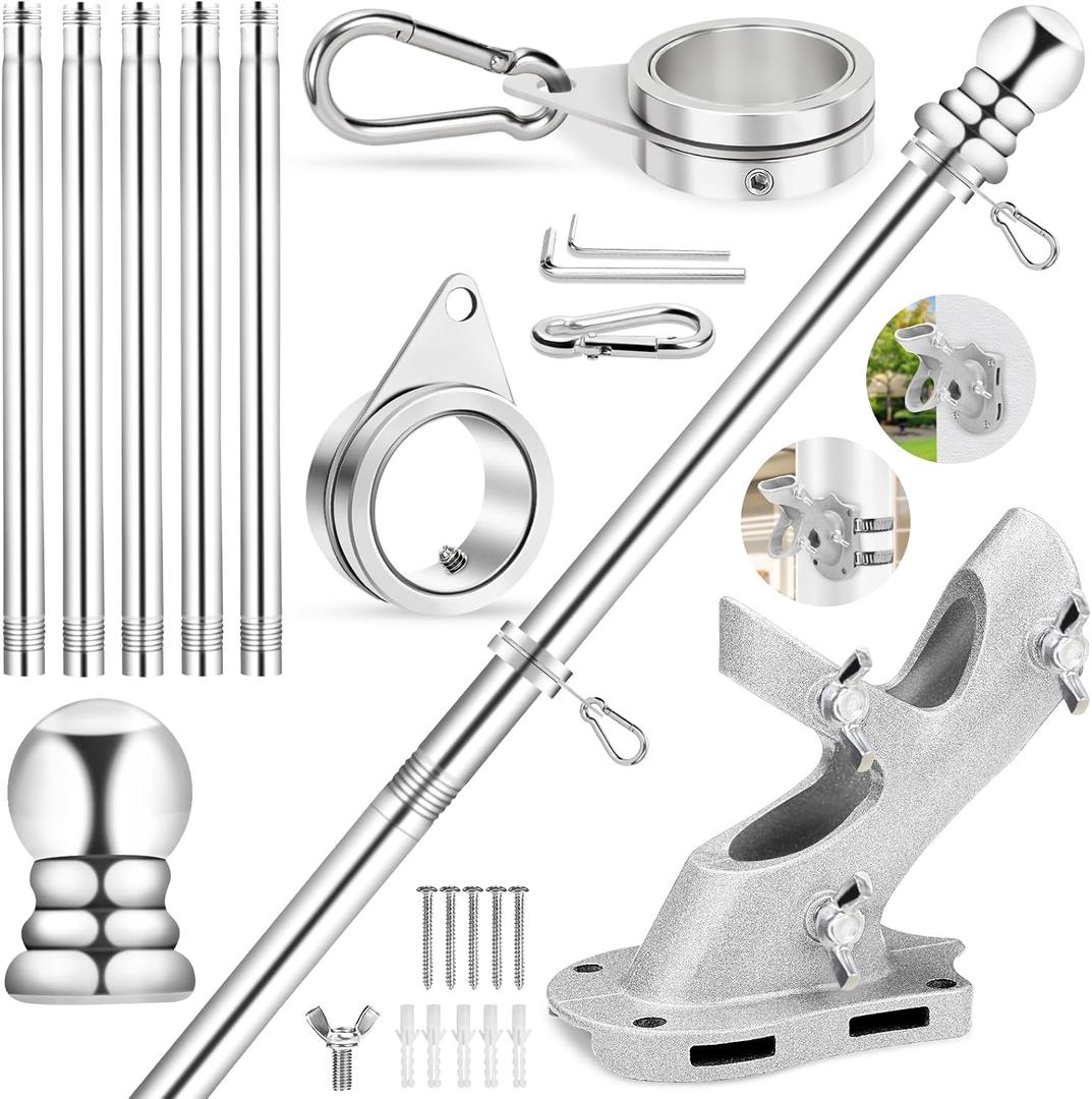 REERON Flag Pole for House, 6 FT Stainless Steel Spinning Flag Pole Kit, 1" Rustproof Porch Flagpole with 360 Tangle Free Metal Flagpole Rings & 2-Position Bracket for Outdoor Sport for 3x5 Flags