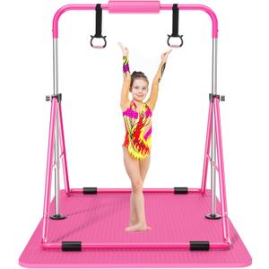 Safly Fun Foldable Gymnastics Bar for Kids, Adjustable 35"-51", Sturdy 145 lbs Capacity, Easy-to-Assemble, Gymnastics Equipment for Kids for Indoor/Outdoor Training (Pink with mat)