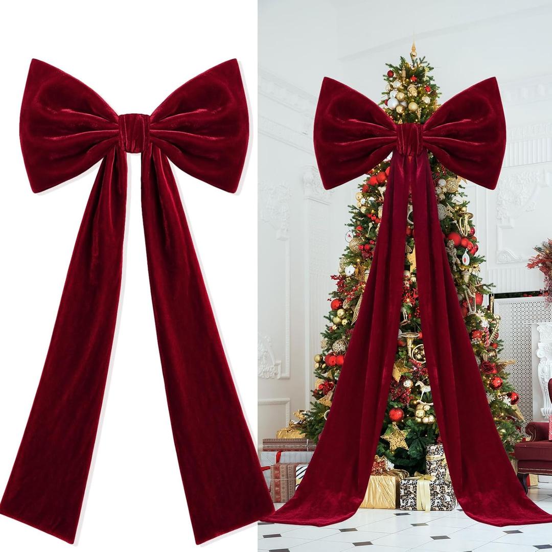 2pcs Extra Large Christmas Tree Topper Bows, 49 x 19 inches Tree Toppers Bows Christmas Decorations Wreath for Home Wedding Party Holiday Decor Supplies(Red,Velet)