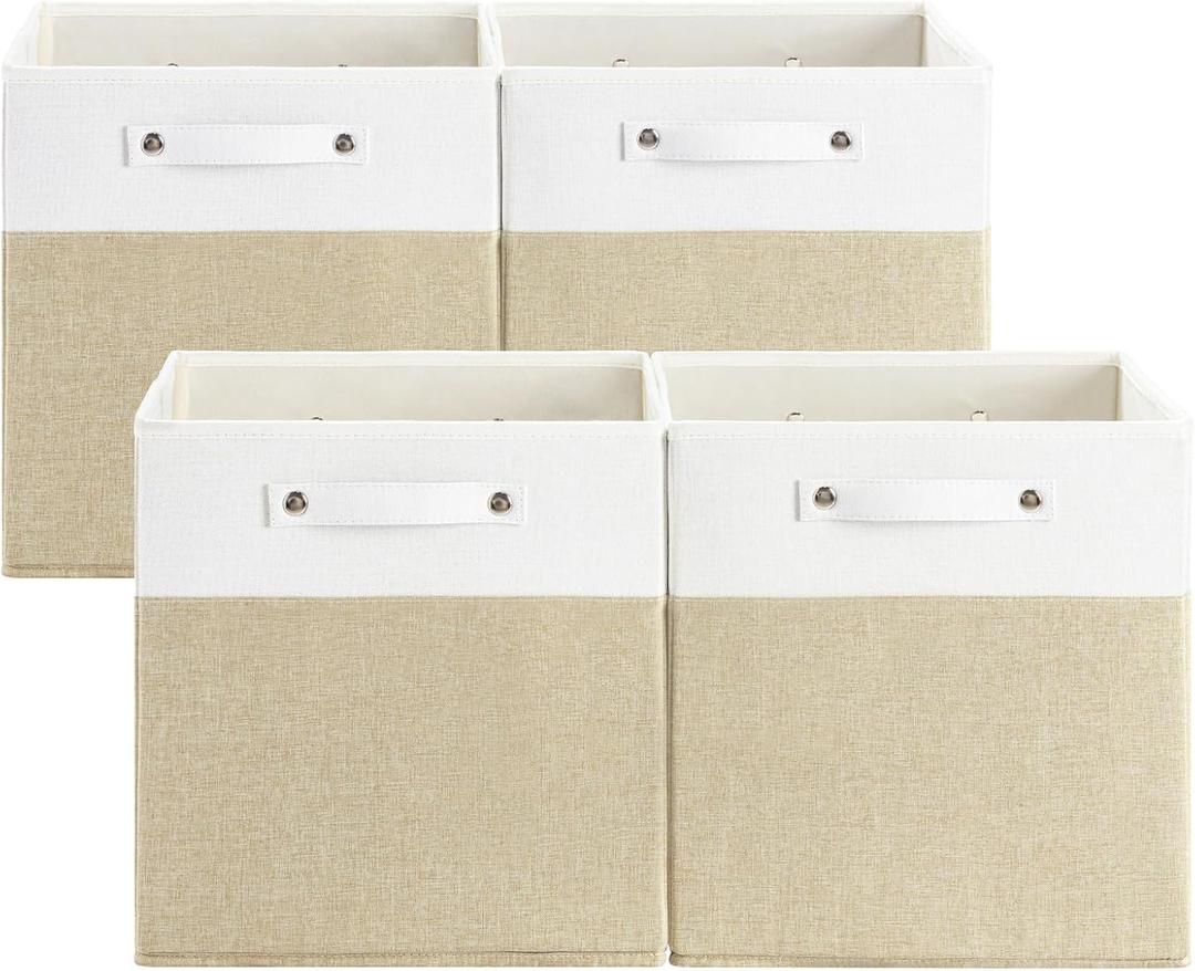 FinishingBo 13 x 13 Inch Fine Linen Storage Bins with HandlesFabric Cube BoxsBasket Organizers for Shelves for Home, Closet Drawers (White/Khaki-4 Pack)