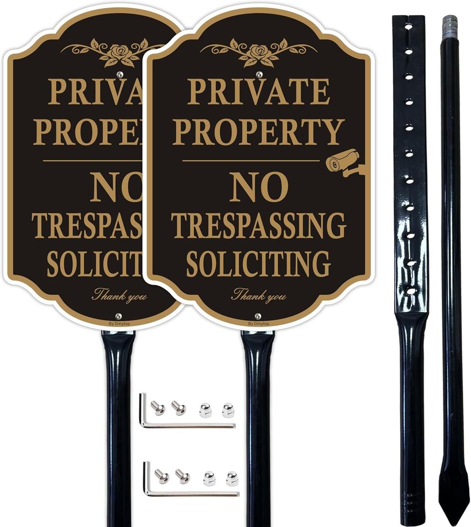 Private Property No Trespassing Signs with 36-inch Metal Stakes, 14 x 10 inches No Soliciting Video Surveillance Warning, Rust Free Aluminum, 2 Pack