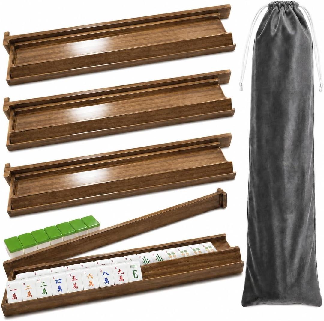 4PCS Acacia Mahjong Racks with Pushers, 19.7 In Natural Wooden American Mahjong Tile Rack, Magnetic Mah Jongg Racks for Mexican Train/Dominoes, Table Game Nights, Mah Jong Accessories with Storage Bag