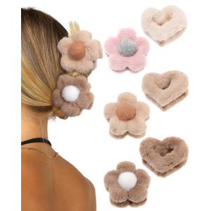 Fluffy Plush Claw Clip for Hair 6 Pcs Cute Hair Clips for Women Fuzzy Hair Barrettes Girls Hair Jaw Clips (Flower + Heart - Beige/Brown/Coffee)