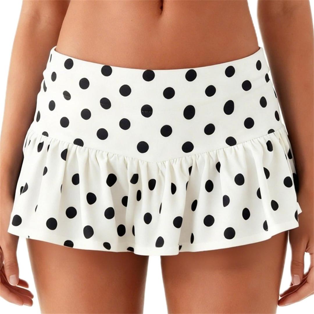 Women's Polka Dot Mini Skirt Y2k Slim Fit Elastic Waist A Line Ruffle Ruched Hem Short Skirts Fairycore Vintage Skirt (White, M) (M)