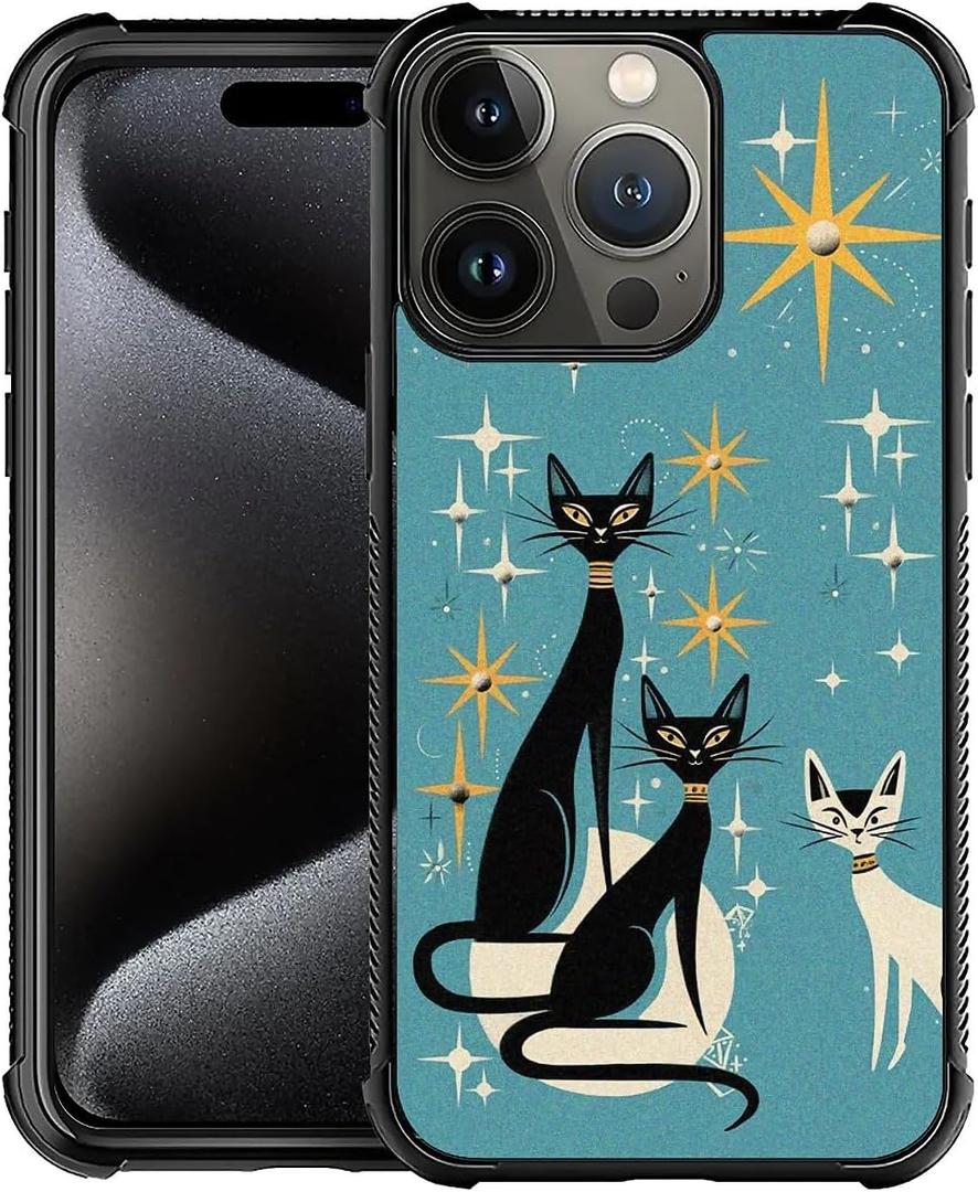 Phone Case Compatible with iPhone 16 Pro - Wireless Charging Compatible,S Mid Century Cat TPU Bumper and Hard PC Pattern Back Case