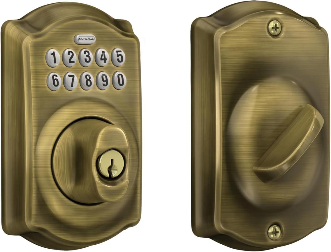 Schlage BE365 CAM 609 Camelot Keypad Deadbolt, Electronic Keyless Entry Lock, Antique Brass