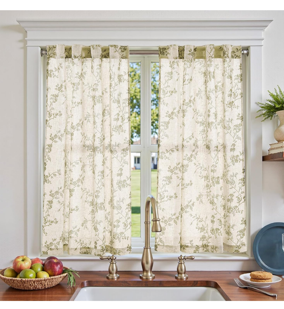 jinchan Floral Kitchen Curtains 45 Inch Linen Tier Curtains Farmhouse Cafe Half Window Drapes for Small Windows Light Filtering Sage Green on Beige for Living Room Bathroom Back Tab 2 Panels