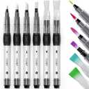 JusArt Water Brush Pens 6-Pack Leak-Proof Refillable Watercolor Pens for Acrylic and Gouache Painting - Includes Pointed & Flat Tip Styles - Portable Water Brushes for Artists, Beginners, Adults