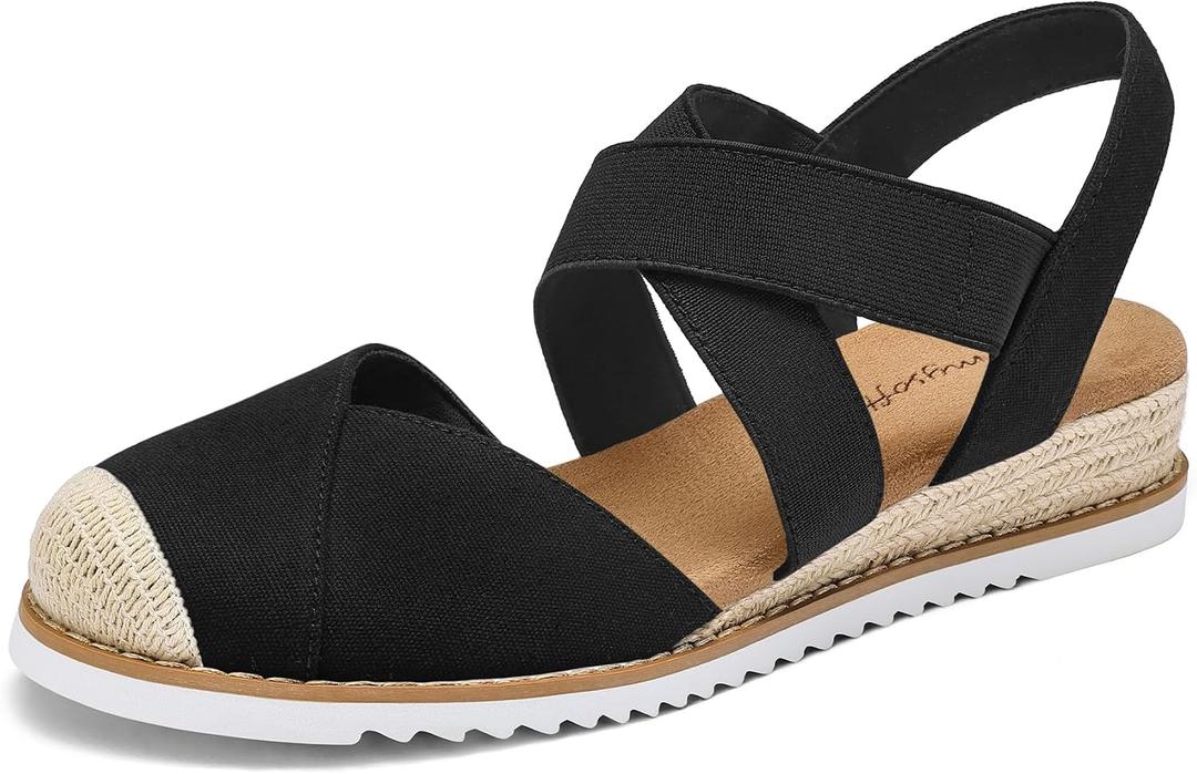 mysoft Womens Wedge Sandals Low Heel Closed Toe Espadrilles (Black)