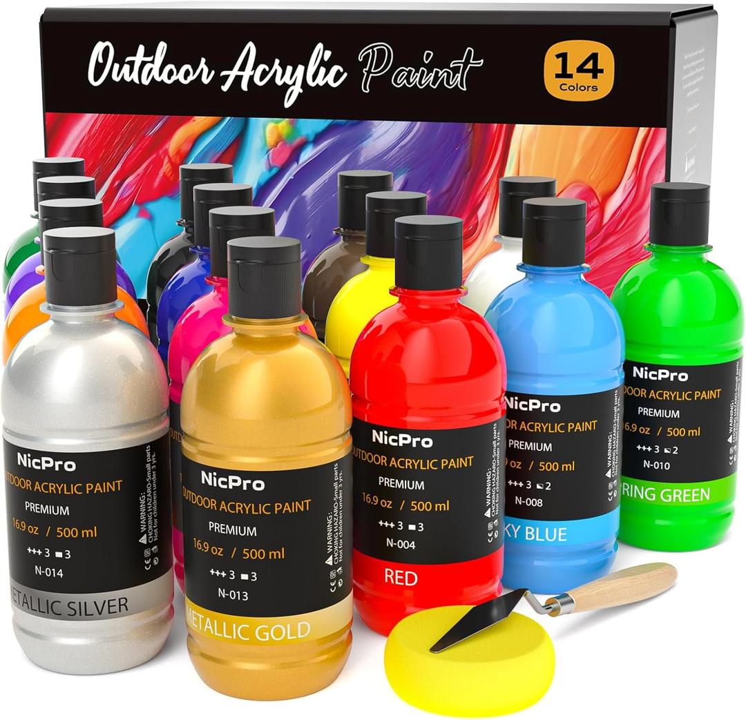 Nicpro 14 Colors Large Bulk Outdoor Acrylic Paint Set (16.9 oz, 500 ml) Rich Art Painting Supplies, Non Toxic for Multi Surface Canvas Rock Wood Leather Fabric Stone Metal Wall Craft with Color Wheel (16.9 Fl Oz (Pack of 14))