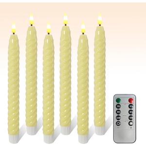 Spiral Flameless Taper Candles, 9.8 Inch Flickering Candles with Remote and Timer, Real Wax Candlesticks LED Battery Operated 3D Wick for Wedding Party Home Decor, 6PCS (Light Yellow)