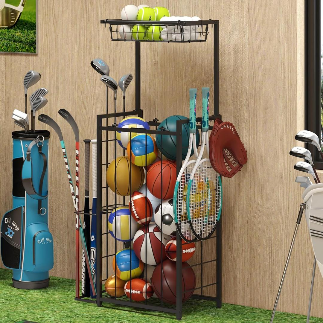 Sports Equipment Organizer, Small Garage Ball Storage Rack with Elastic Straps and 3 Hooks, Garage Organization Storage Rack for Balls and Sports Equipment, Toy Organizer Stand for Room, Gym, Black 