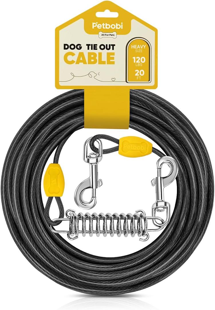 Petbobi Dog Tie-Out Cable 20ft - Outdoor Leash 4mm Metal Cable with Shock Absorbing Spring 360 Swivel Clips, Chain for Dogs Yard Camping, Fit Small Medium Large Pets Up to 35lbs, Black