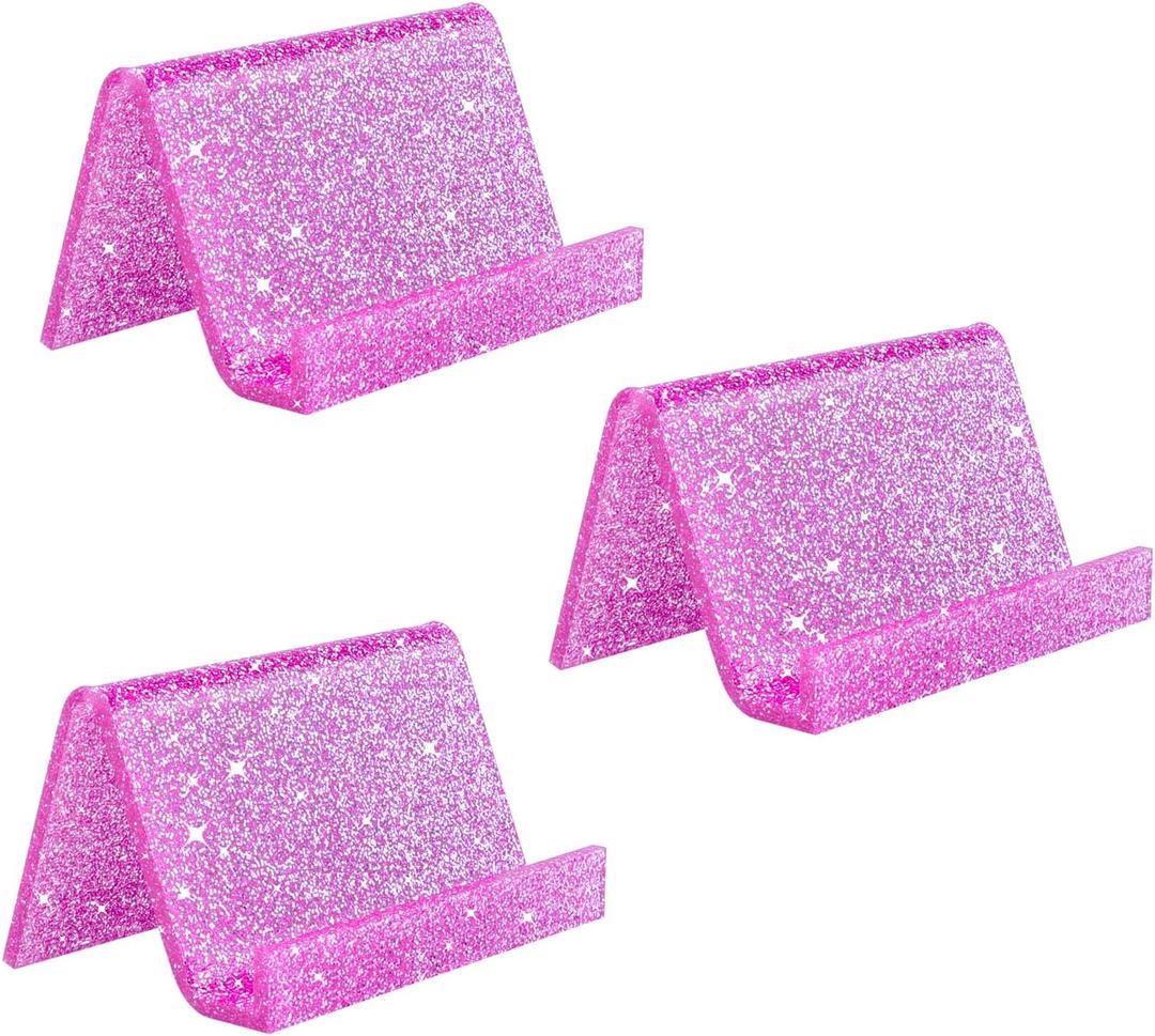 Rouidr Business Card Holder for Desk, 3 Pack Acrylic Business Card Holder Display for Office Desktop, School, Hotel Front Desk, Pink