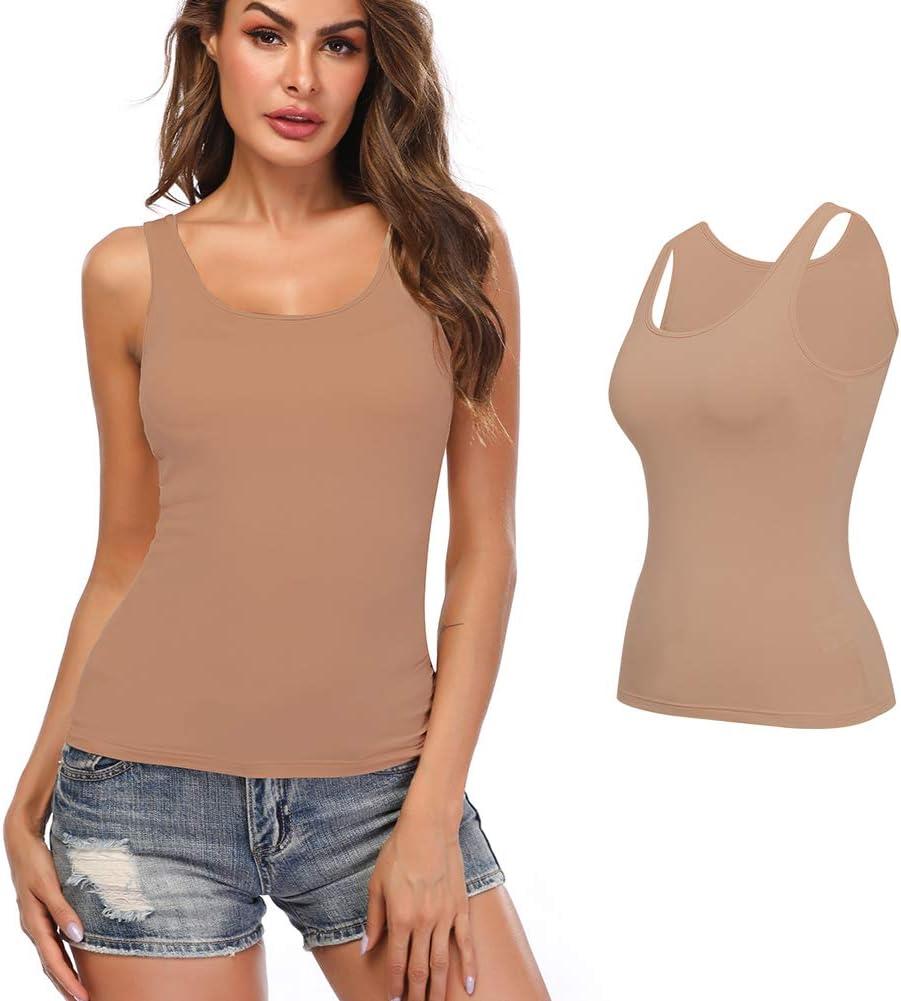 Camisoles for Women with Built in Bra,Basic Yoga Top Layering Tank Top Padded Bra Undershirt, (Large, Wheat Color/Wide Strap-1 Pack)