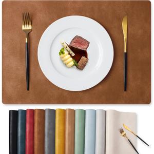 MOSAYT Vinyl Placemats Set of 6-12 X 17 Inch - Faux Leather 100% Waterproof Oil-Proof Wipeable PU Place Mats, Heat Resistant Reversible Table Mats for Kitchen, Dining, Outdoor (Reddish Brown)