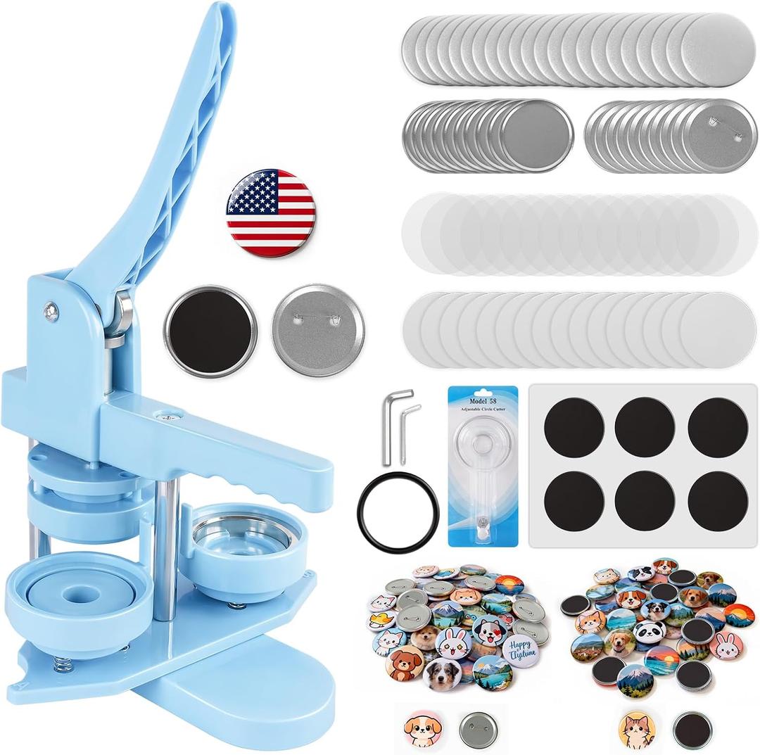Happizza Button Maker Machine 58mm/2.25in, 2-in-1 Button Maker & Magnet Maker Machine for Making Badges and Fridge Magnets, DIY Pin Maker Machine Kit with 50 Badge Parts & 50 Magnet Making Supplies
