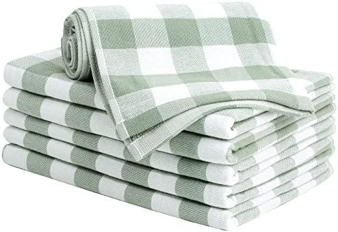 PiccoCasa 100% Cotton Terry Kitchen Towels Set of 6 Plaid Pattern (13 x 29 Inch) Soft Absorbent Drying Dish Towels for Kitchen Cooking - Green, White
