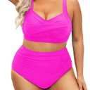 Daci Women's Plus Size Bikini Sets - High Waisted Two-Piece Swimsuits with Tummy Control Pink 18W