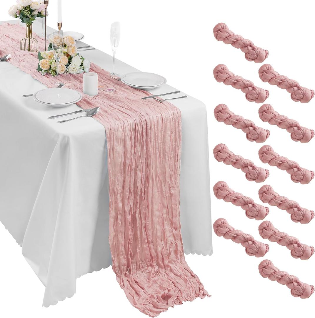 Bailarina 12 Pack Cheesecloth Table Runner 17x108 Inch Long Gauze Cheese Cloth 9ft Wrinkled Sheer Table Runner for Wedding Reception Birthday Party Table Decoration (Dusty Pink)