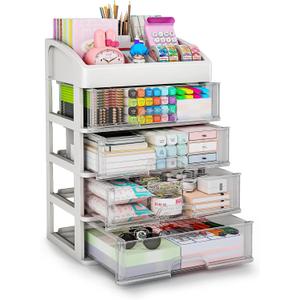 Desk Organizer with 4 Drawer Storage, Desktop Drawers Organizer for Office/School Supplies, Plastic Stationary Makeup Organizer, Desk Storage Box Organizer for Office, School, Bathroom
