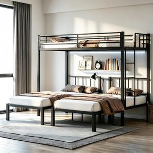 Mixcous Heavy Duty Triple Bunk Bed, Twin Over Twin Over Twin with Guardrails and Ladder, Metal Bunk Bed for 3, 3 Bed Teens and Adults, No Box Spring Needed, Black, Twin XL over Twin & Twin