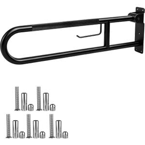 30.3 Inch Toilet Grab Bar, ROYSRHXB Black U Shaped Flip Up Safety Rails with Toilet Paper Holder, Heavy Duty Stainless Steel Bathroom Support Handle with Anti Slip Knurled Grip for Elderly Seniors