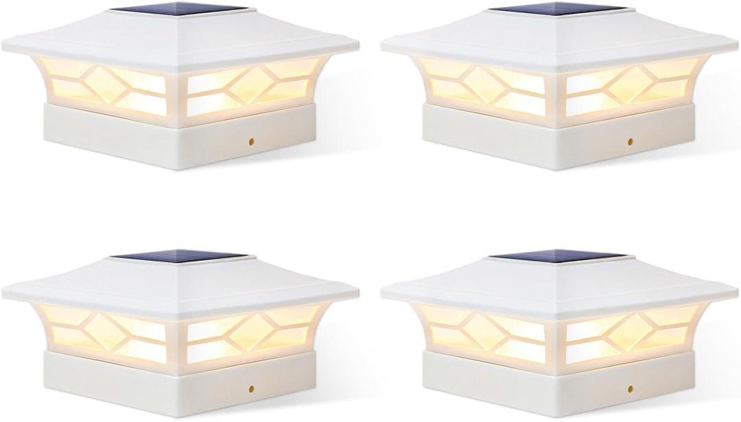 JOFIOS Solar Fence Post Lights 4pack, Cap Lights for 4x4/5x5 Vinyl Fence and 4x4/6x6 Wooden Post, Warm White/Cool White Lighting, White Solar Cap Outdoor Waterproof Decorate Garden Pathway Dcek Patio