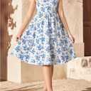 RoseSeek Girl's Floral Print Bowknot Backless A Line Dresses Ruffle Cap Sleeve Cute Knee Length Dress (Blue and White, 11Y)