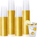 Vplus 150 Pack 12 OZ Reusable Gold Rimmed Clear Plastic Cups, Disposable Heavy Duty Plastic Cups Perfect for Party Christmas Wedding (EXP 01/01/30)
